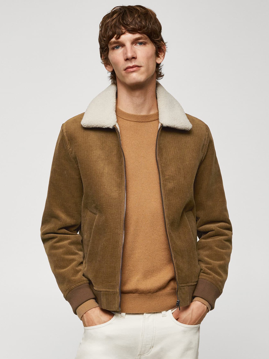 

MANGO MAN Pure Cotton Faux Shearling Inner Corduroy Bomber Jacket, Rust