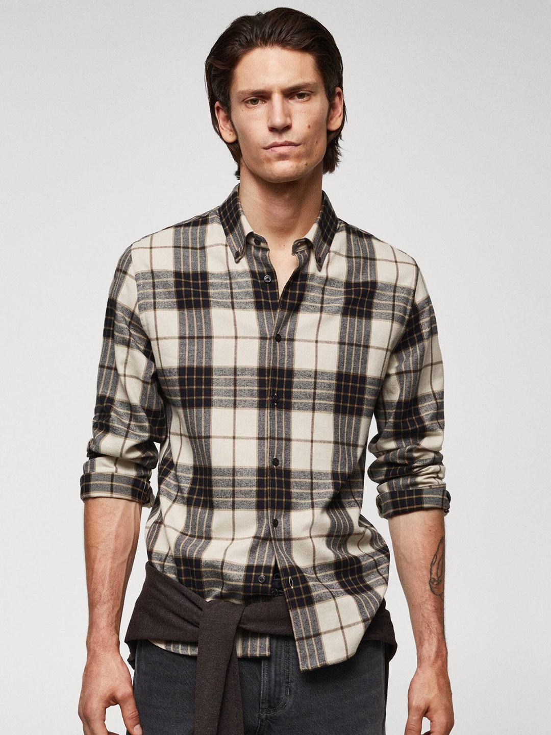 

MANGO MAN Pure Cotton Checked Flannel Casual Shirt, Beige