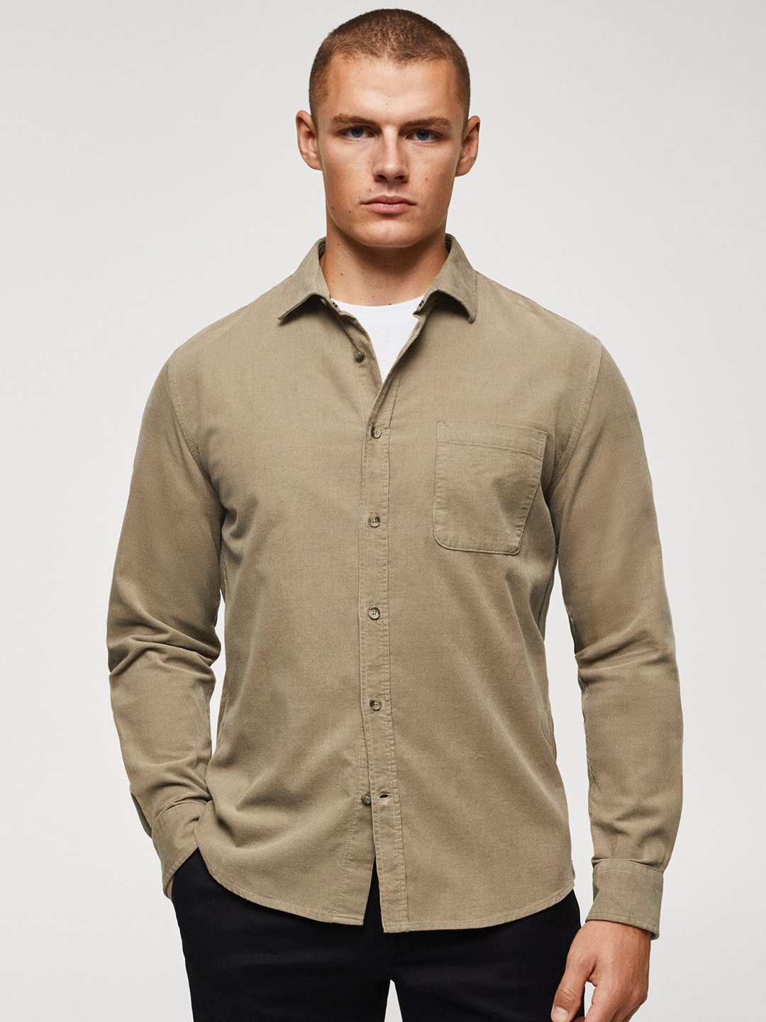 MANGO MAN Spread Collar Corduroy Pure Cotton Opaque Casual Shirt, Brown