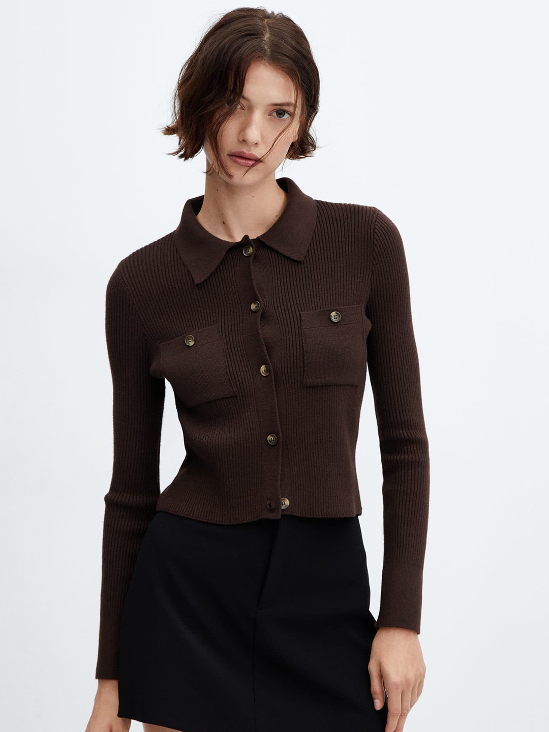 

MANGO Shirt-Style Collar Chest Pockets Detailed Ribbed Cardigan, Brown
