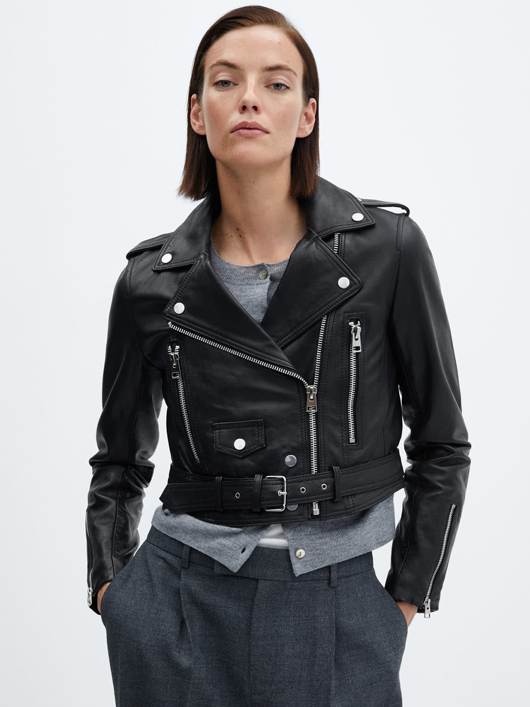 

MANGO Women Pure Leather Crop Biker Jacket, Black