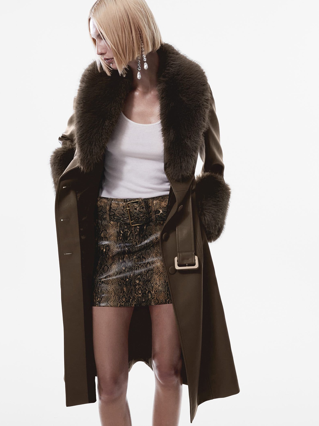 

MANGO Detachable Faux Fur Collar & Cuffs Belted Detail Midi Length Overcoat, Brown
