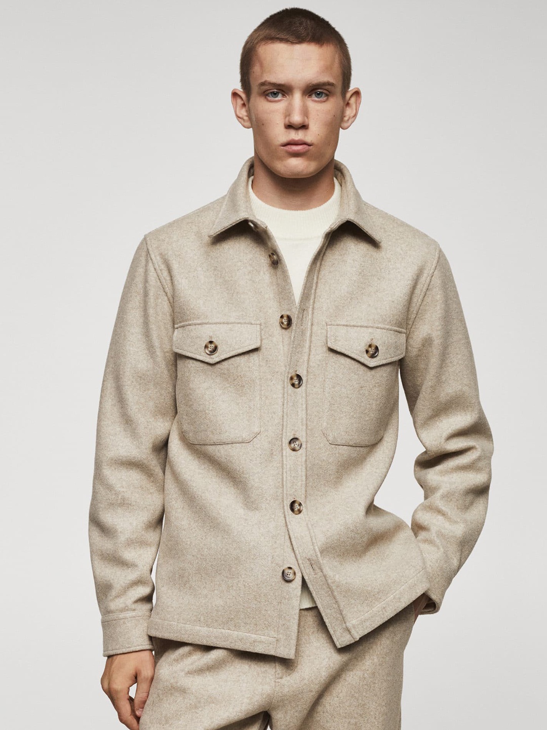 

MANGO MAN Flap Pockets Detailed Flannel Opaque Casual Shacket, Beige