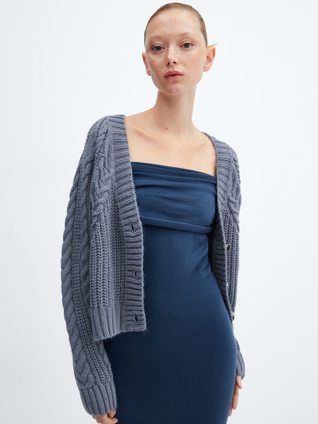 

MANGO Long Extended Sleeves Cable Knit Cardigan, Blue