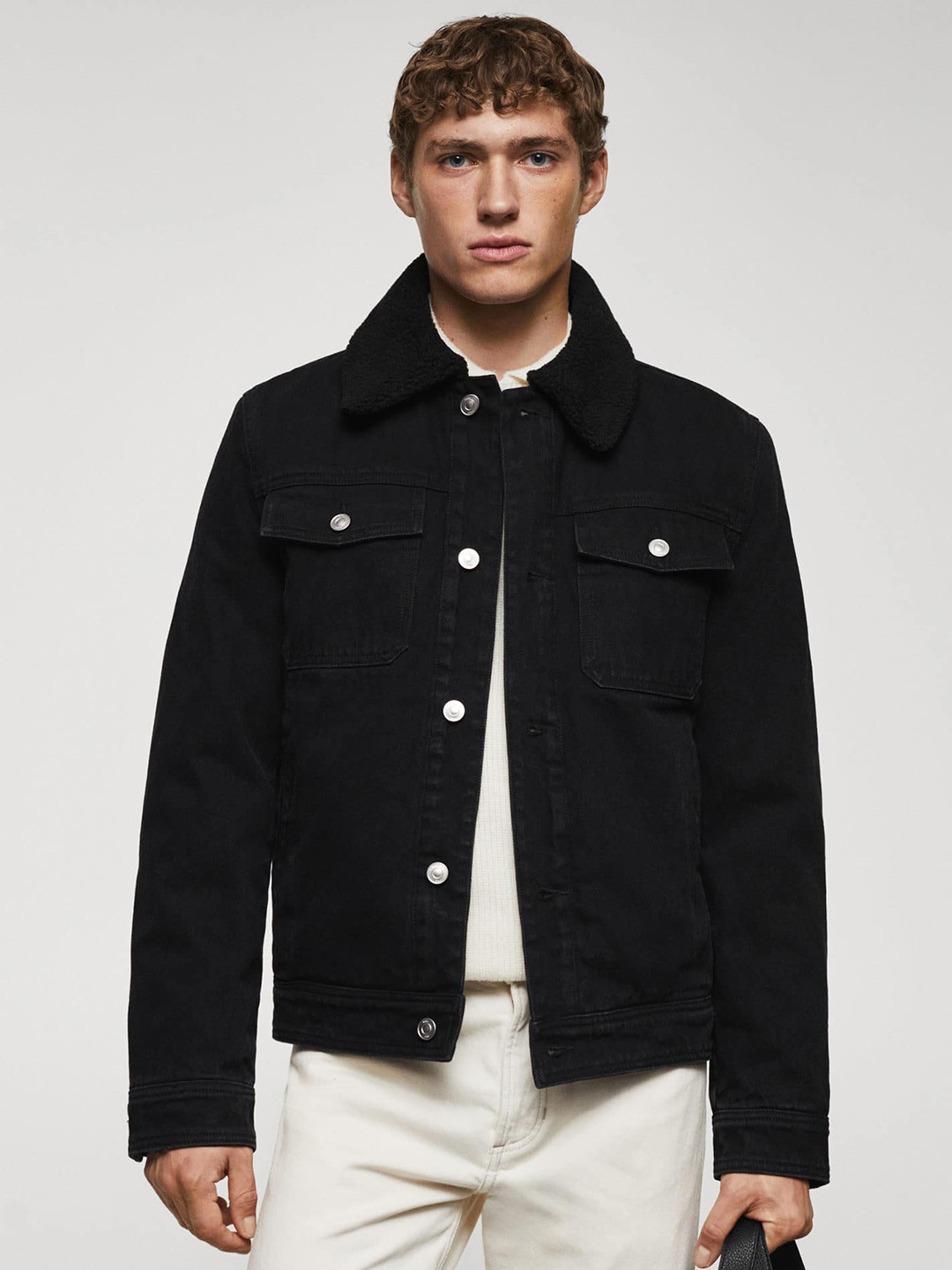

MANGO MAN Faux-Fur Collar Pure Cotton Shoulder Padded Denim Jacket, Black