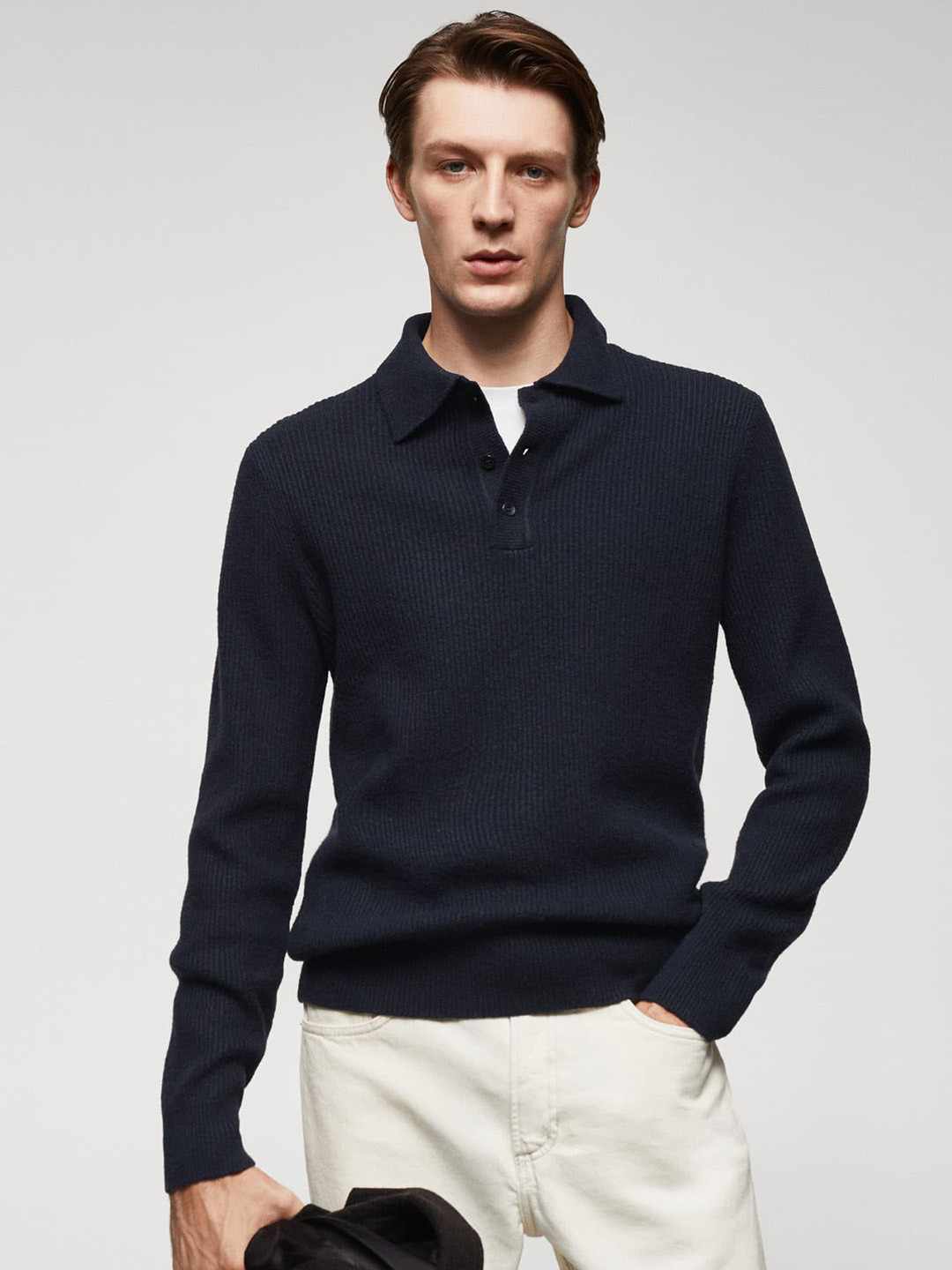 

MANGO MAN Polo Collar Ribbed Pullover, Navy blue