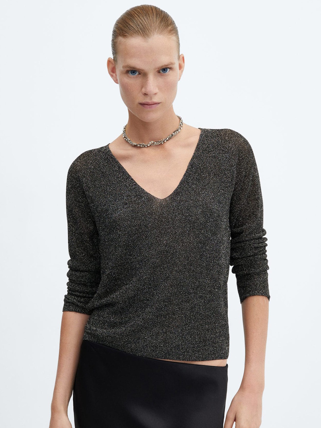 

MANGO Shimmery V-neck Pullover, Black