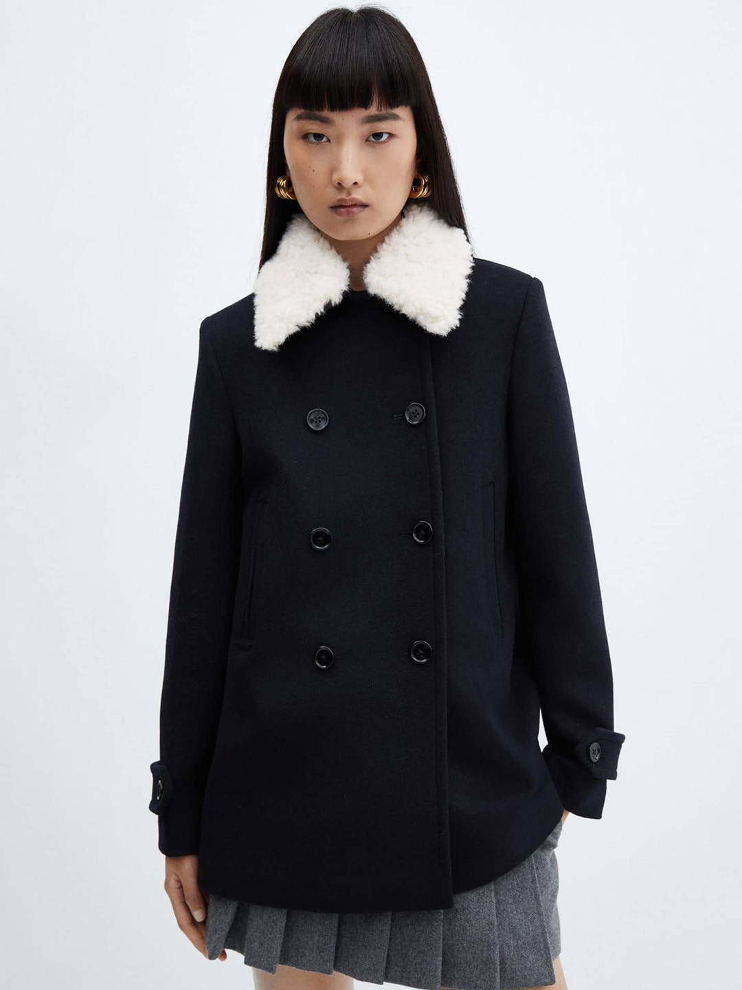 

MANGO Faur Fur Collar Double Breasted Overcoat, Black