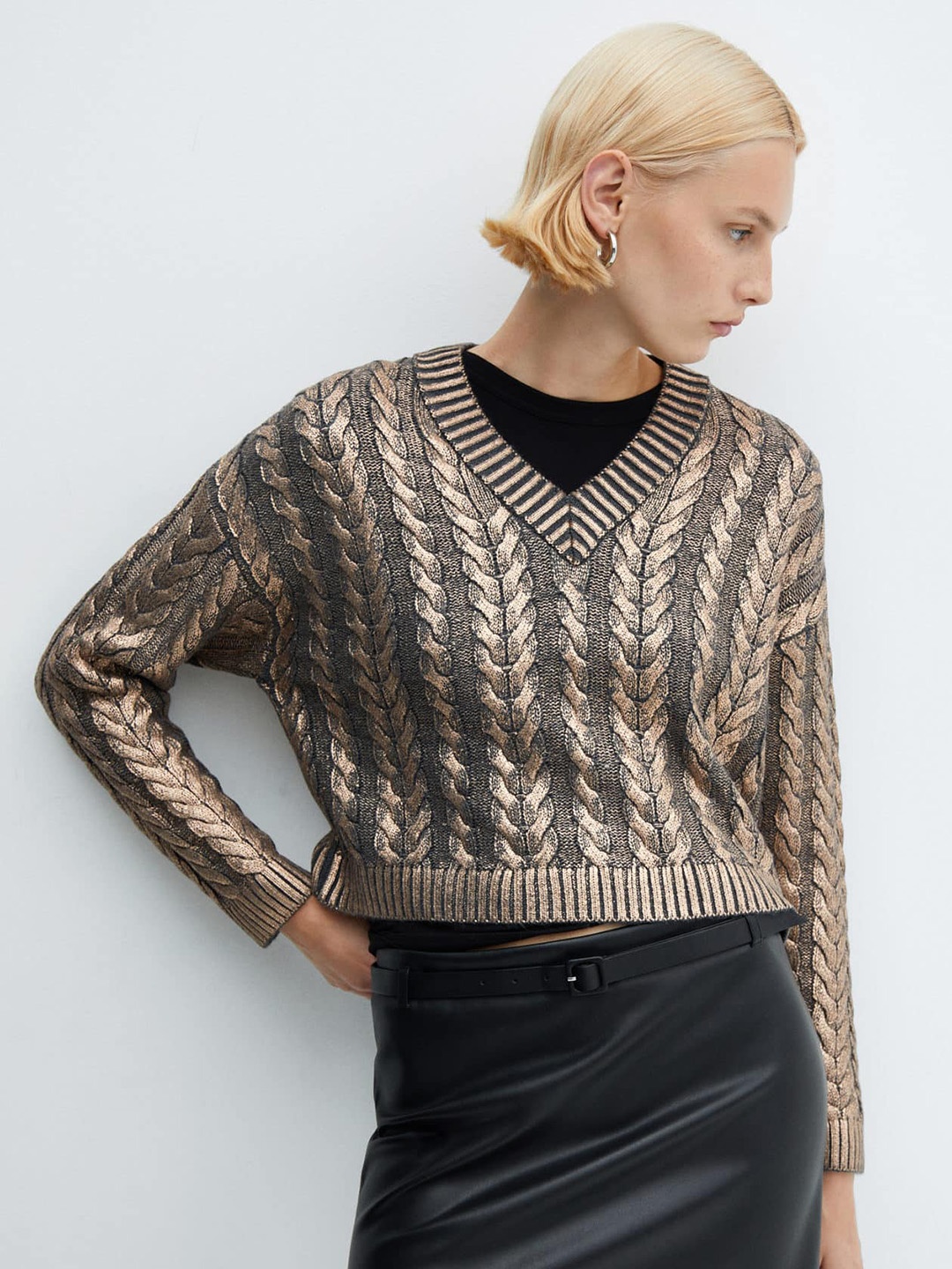 

MANGO Acrylic Cable Knit Foil Pullover, Charcoal