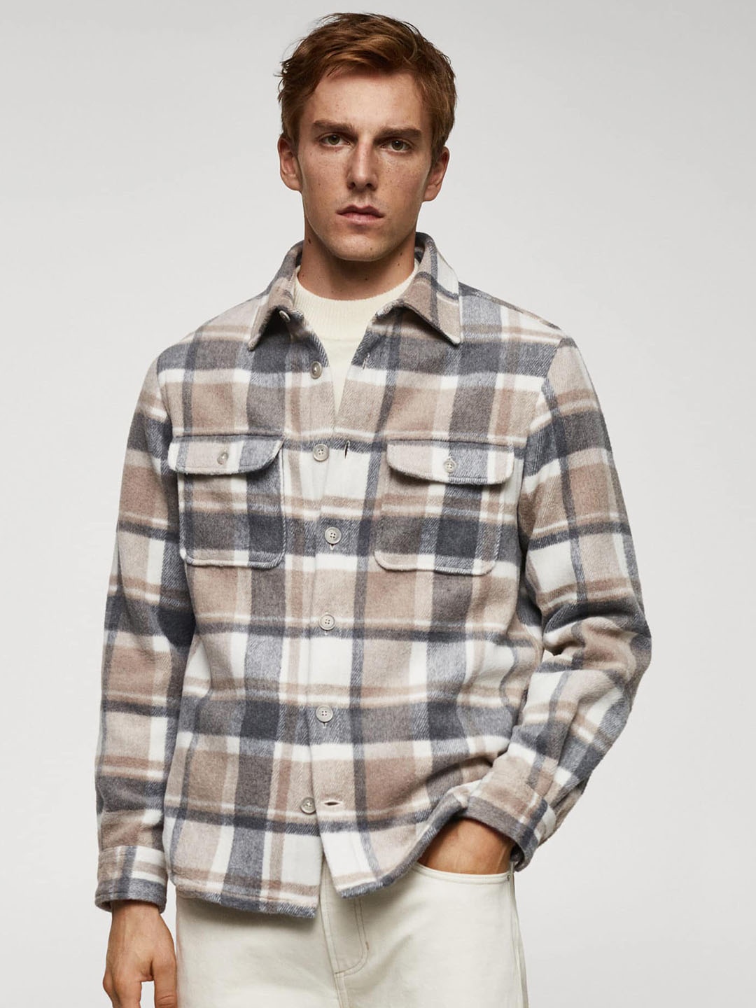 

MANGO MAN Checked Shacket, Grey