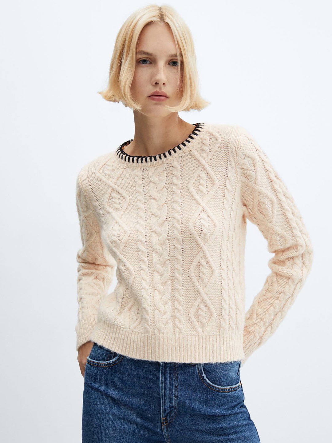 

MANGO Cable Knit Pullover, Cream