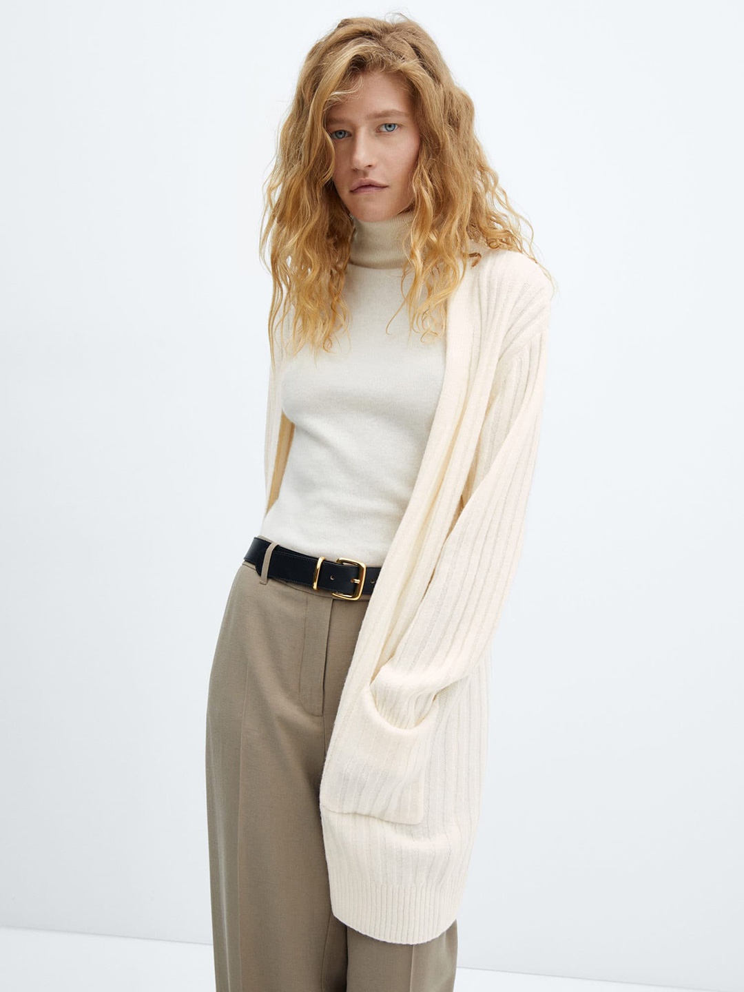 

MANGO Ribbed Longline Front-Open Cardigan, Cream