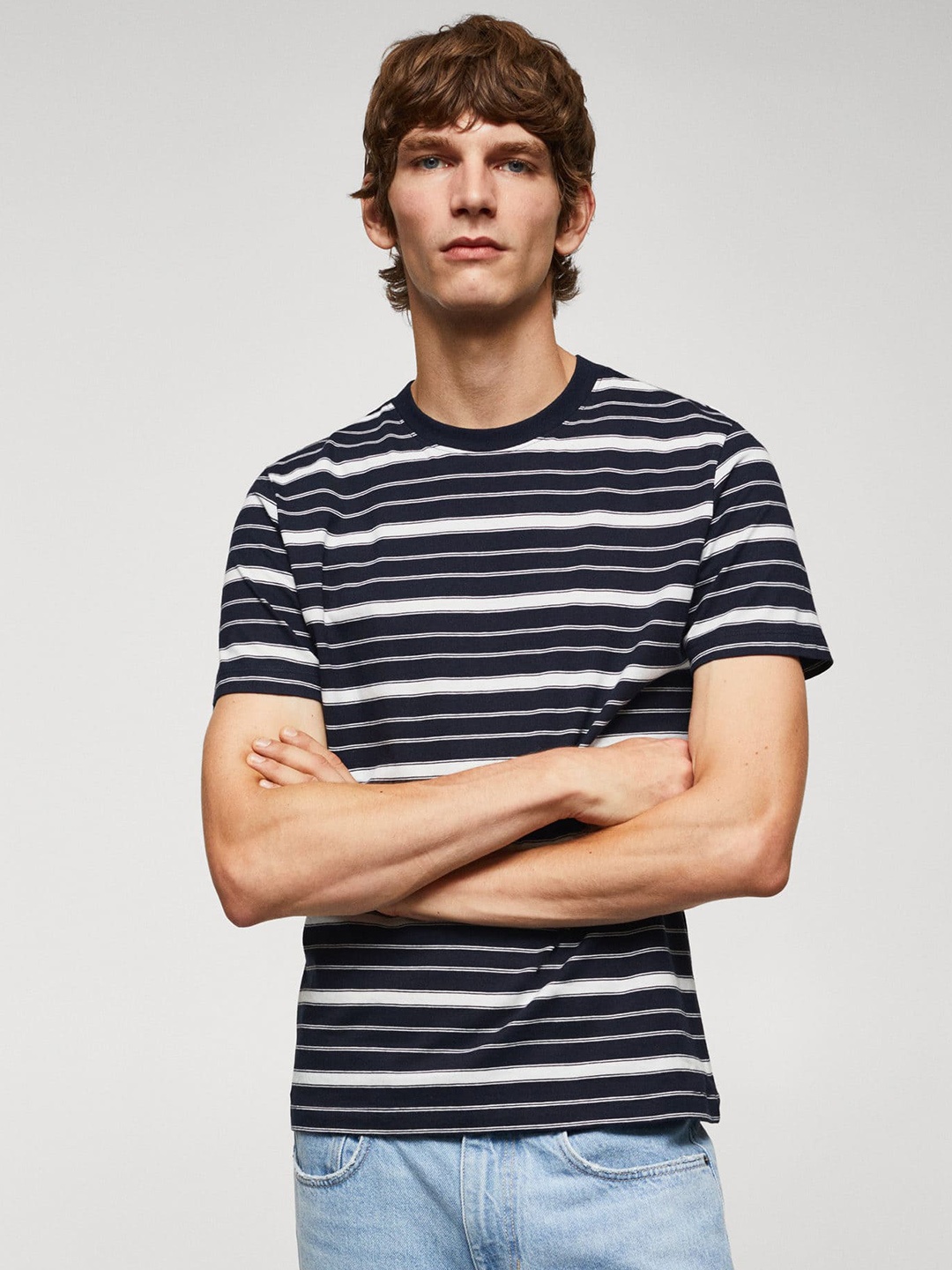 

MANGO MAN Striped Slim Fit Pure Cotton T-shirt, Navy blue