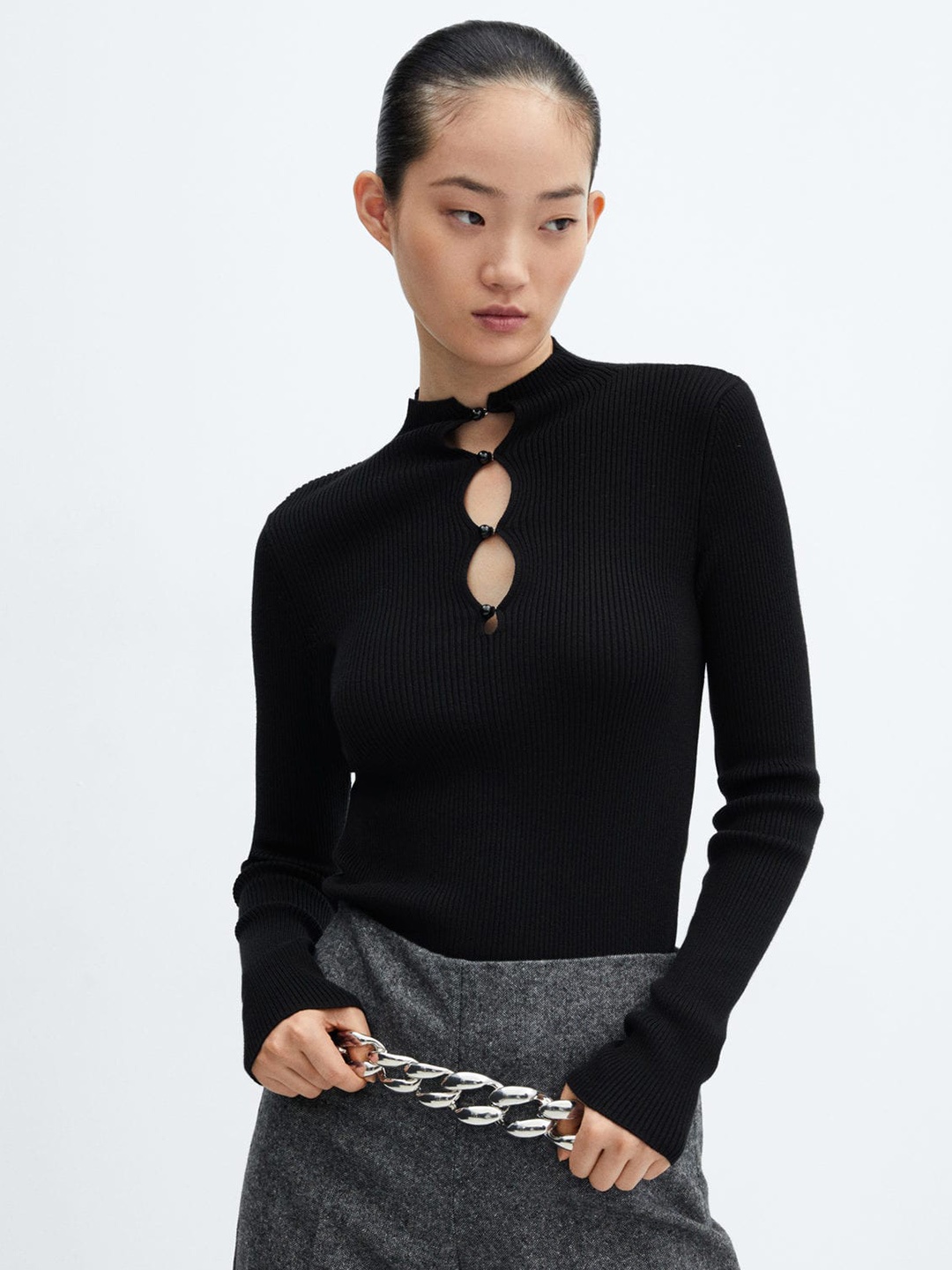 

MANGO Cut-Out Detailed Ribbed Sweater, Black