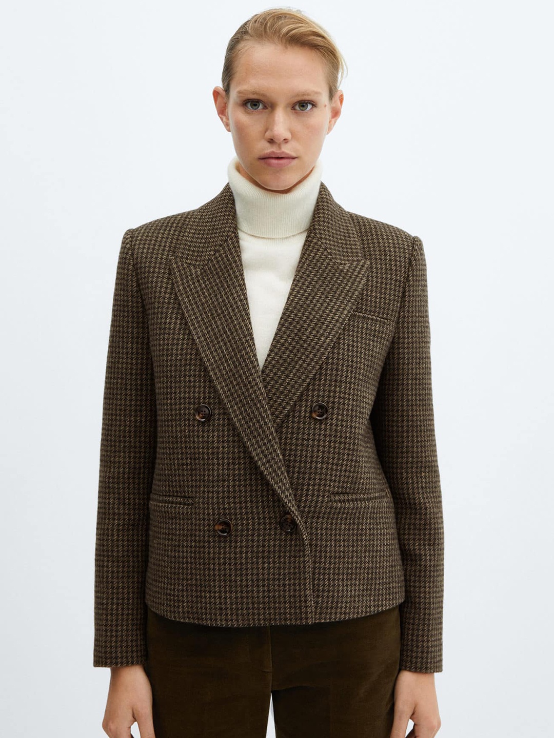 

MANGO Houndstooth Detail Notched Lapel Collar Wool Blazer, Beige