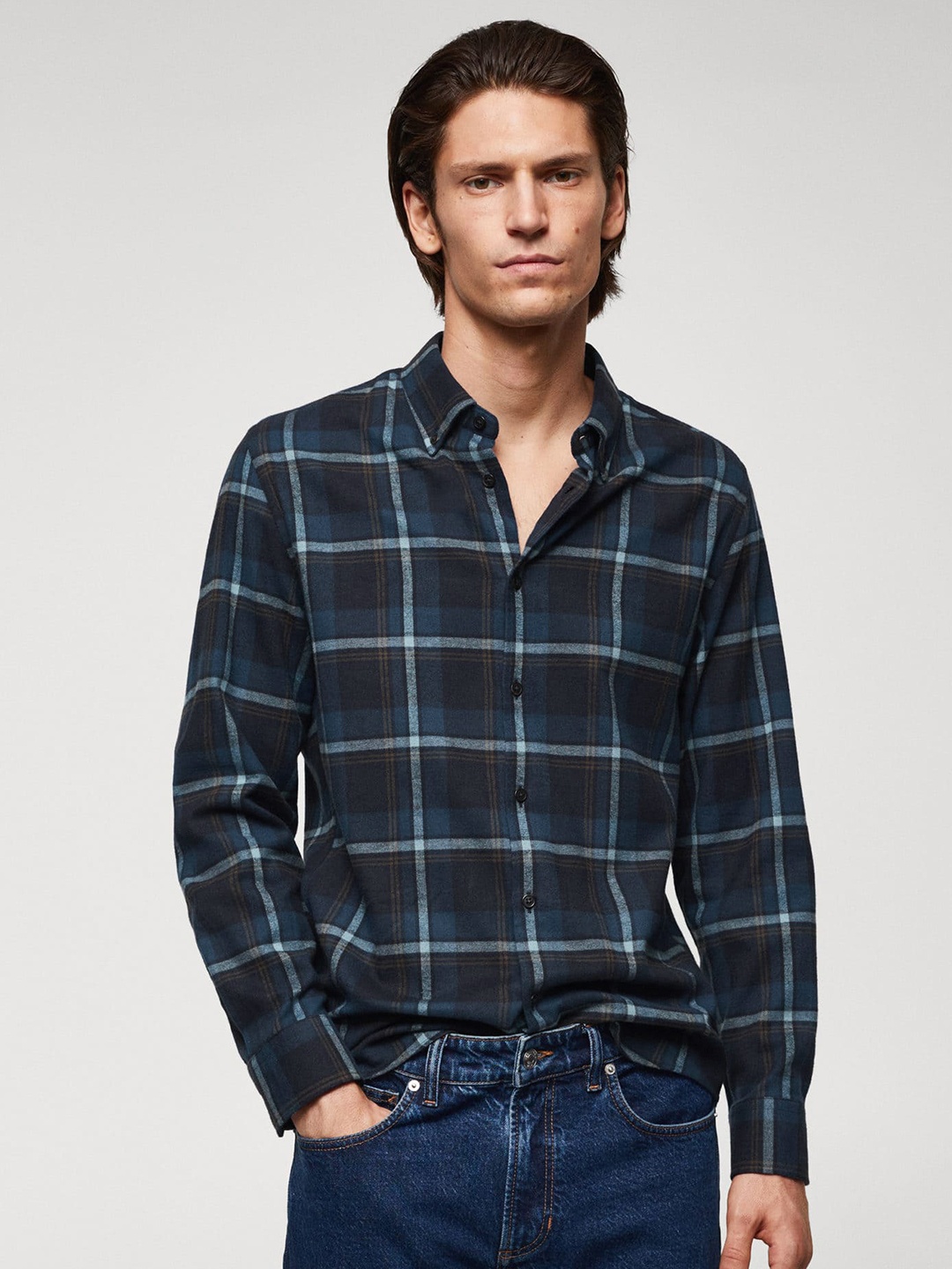 

MANGO MAN Windowpane Checks Opaque Checked Pure Cotton Casual Shirt, Navy blue
