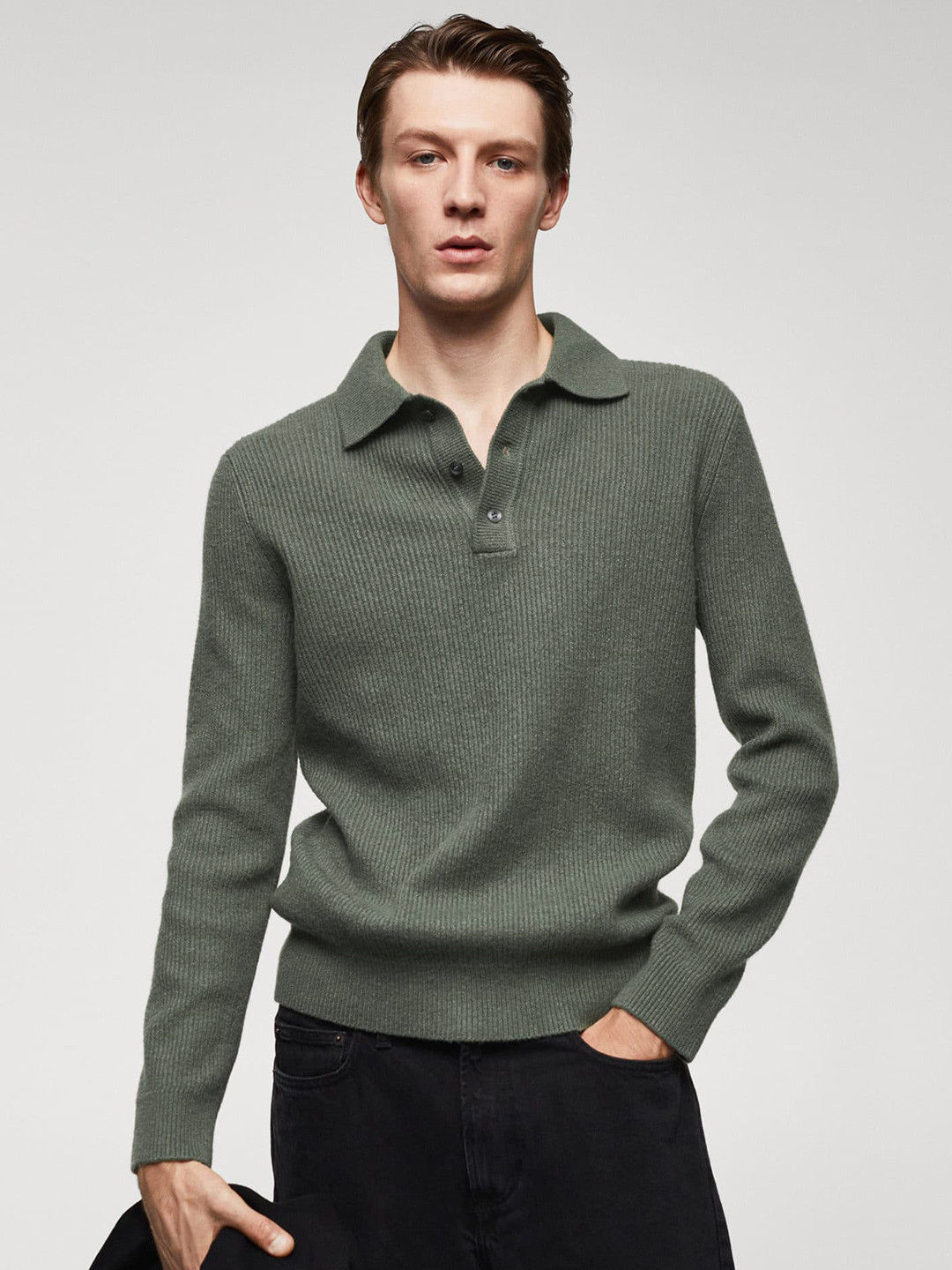 

MANGO MAN Polo Collar Ribbed Pullover, Green