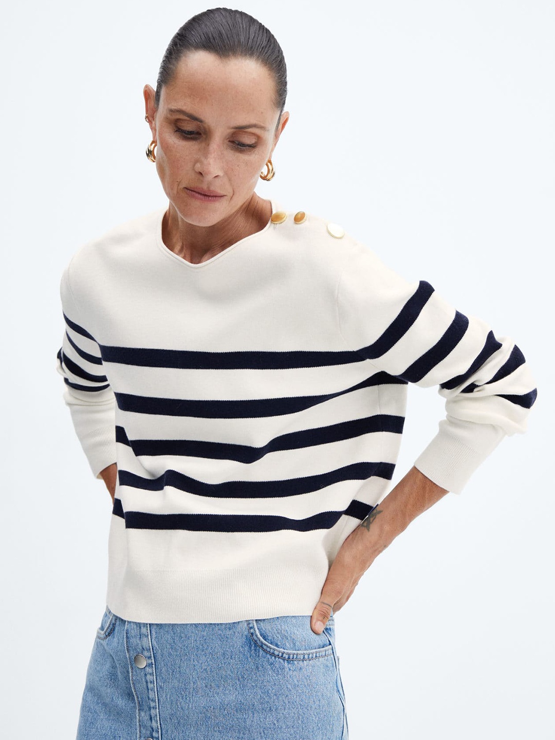 

MANGO Striped Pullover, Cream