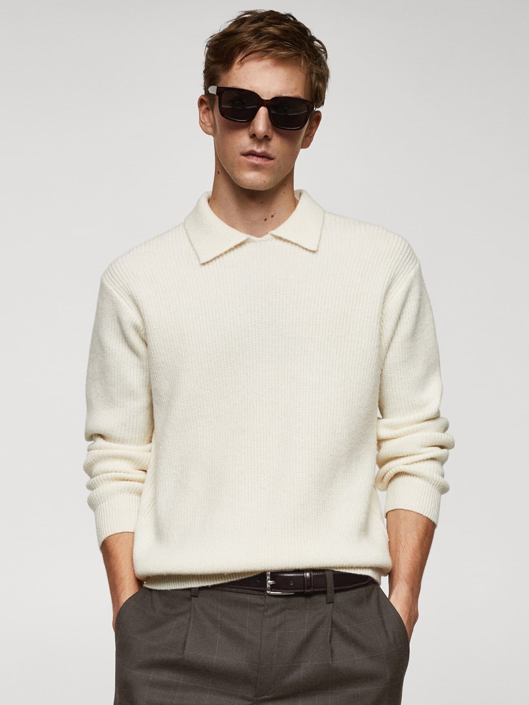 

MANGO MAN Shirt Collar Pullover, White