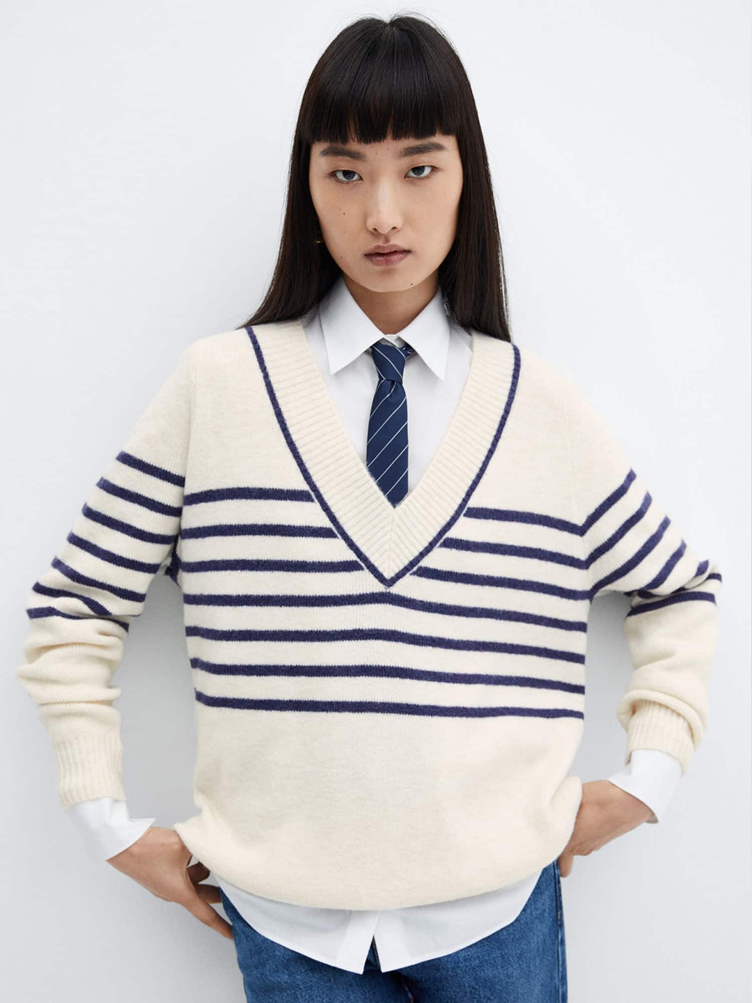 

MANGO Women Striped Pullover, White