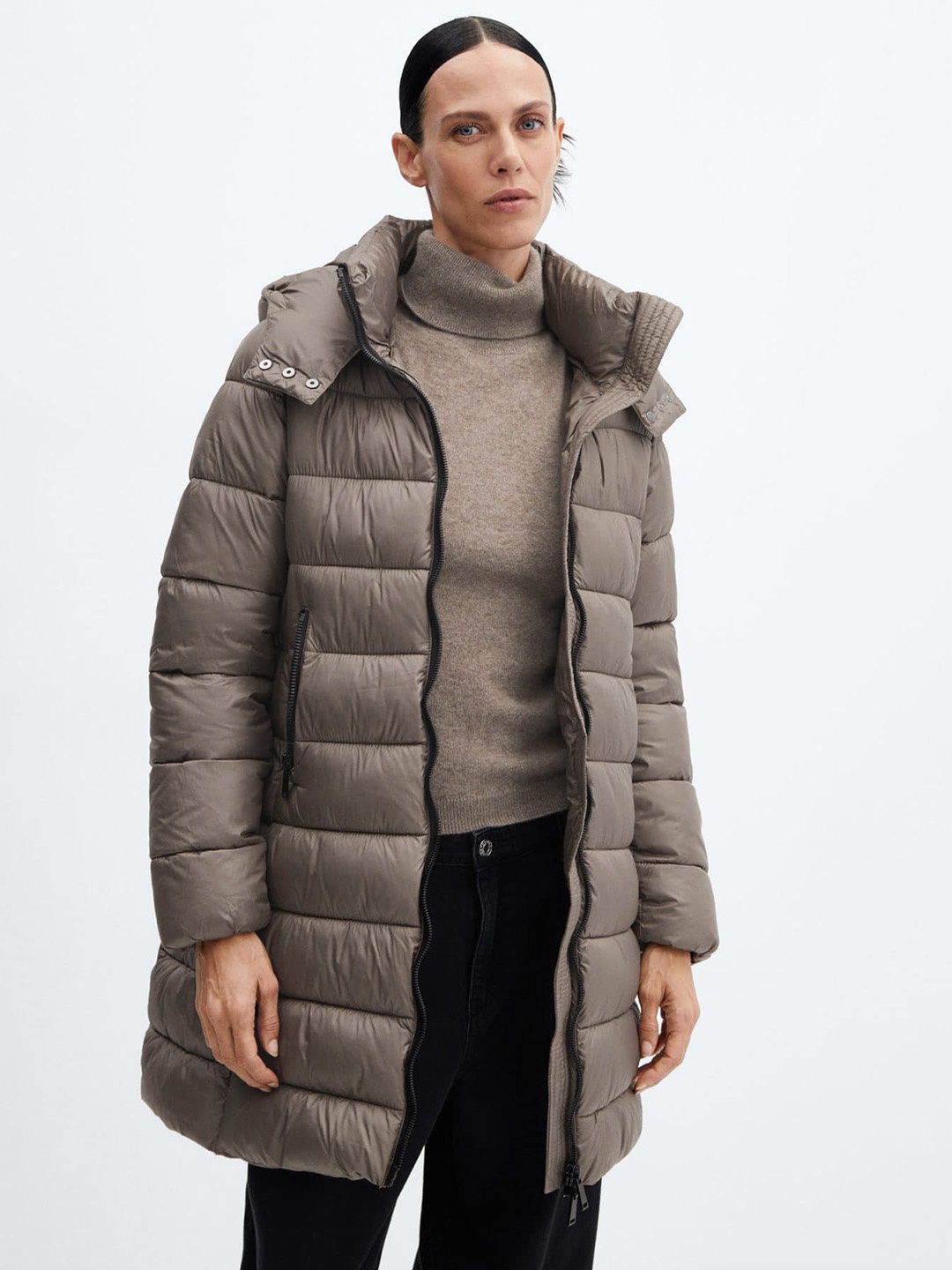 

MANGO Longline Hooded Puffer Jacket, Brown