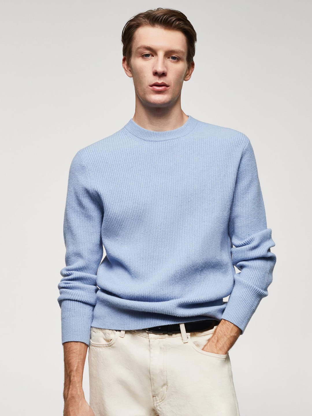 

MANGO MAN Crew Neck Ribbed Pullover, Blue