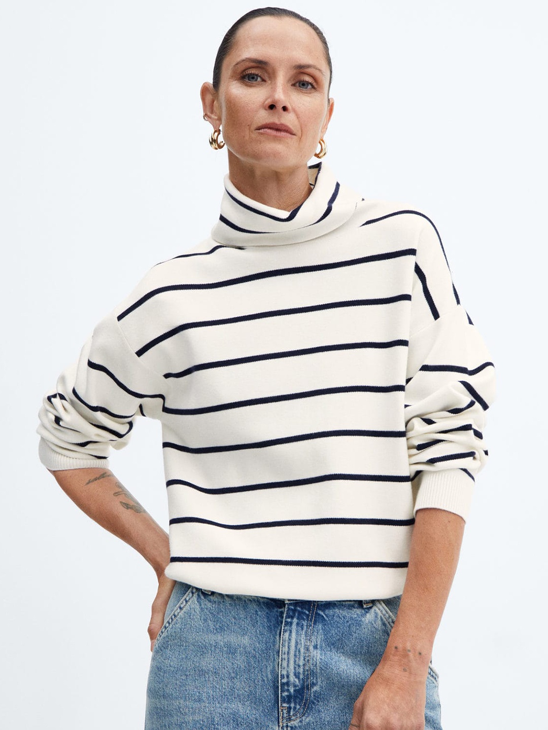 

MANGO Turtle Neck Drop-Shoulder Sleeves Striped Pullover, White