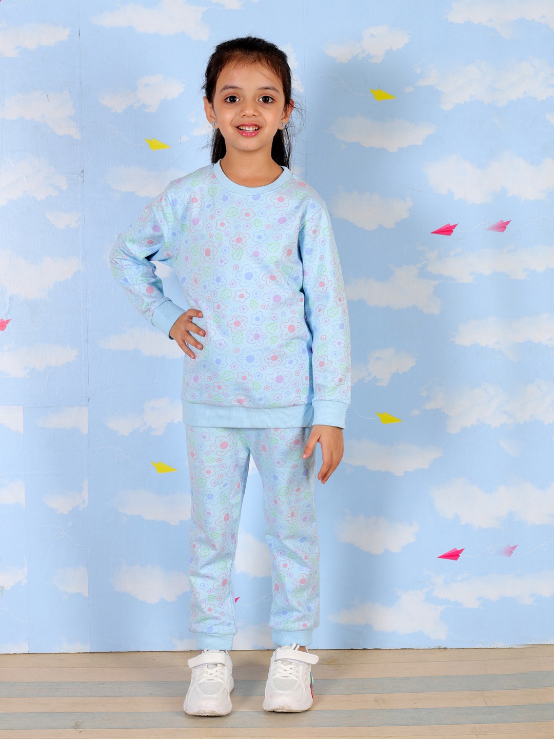 

The Mom Store Girls Printed Pure Cotton T-shirt with Pyjamas, Blue