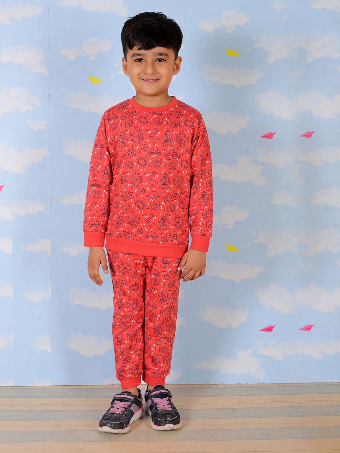 

The Mom Store Boys Printed Pure Cotton T-shirt with Pyjamas, Red