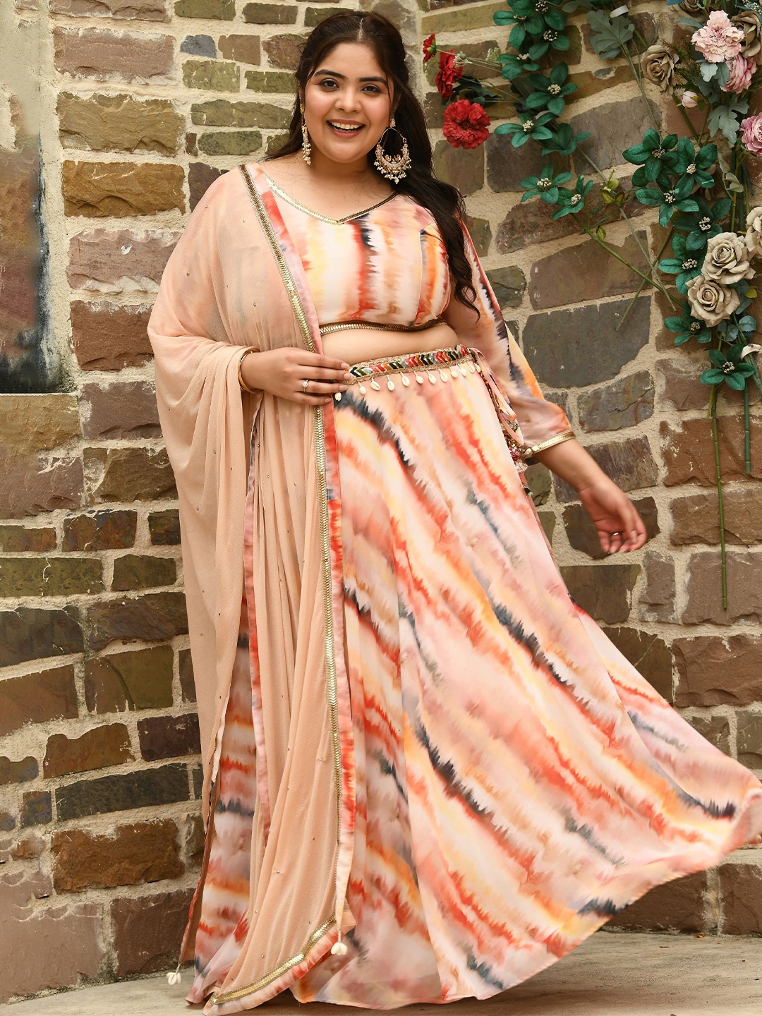 

PrettyPlus by Desinoor.com Plus Size Printed Beads & Stones Ready to Wear Lehenga Choli, Orange