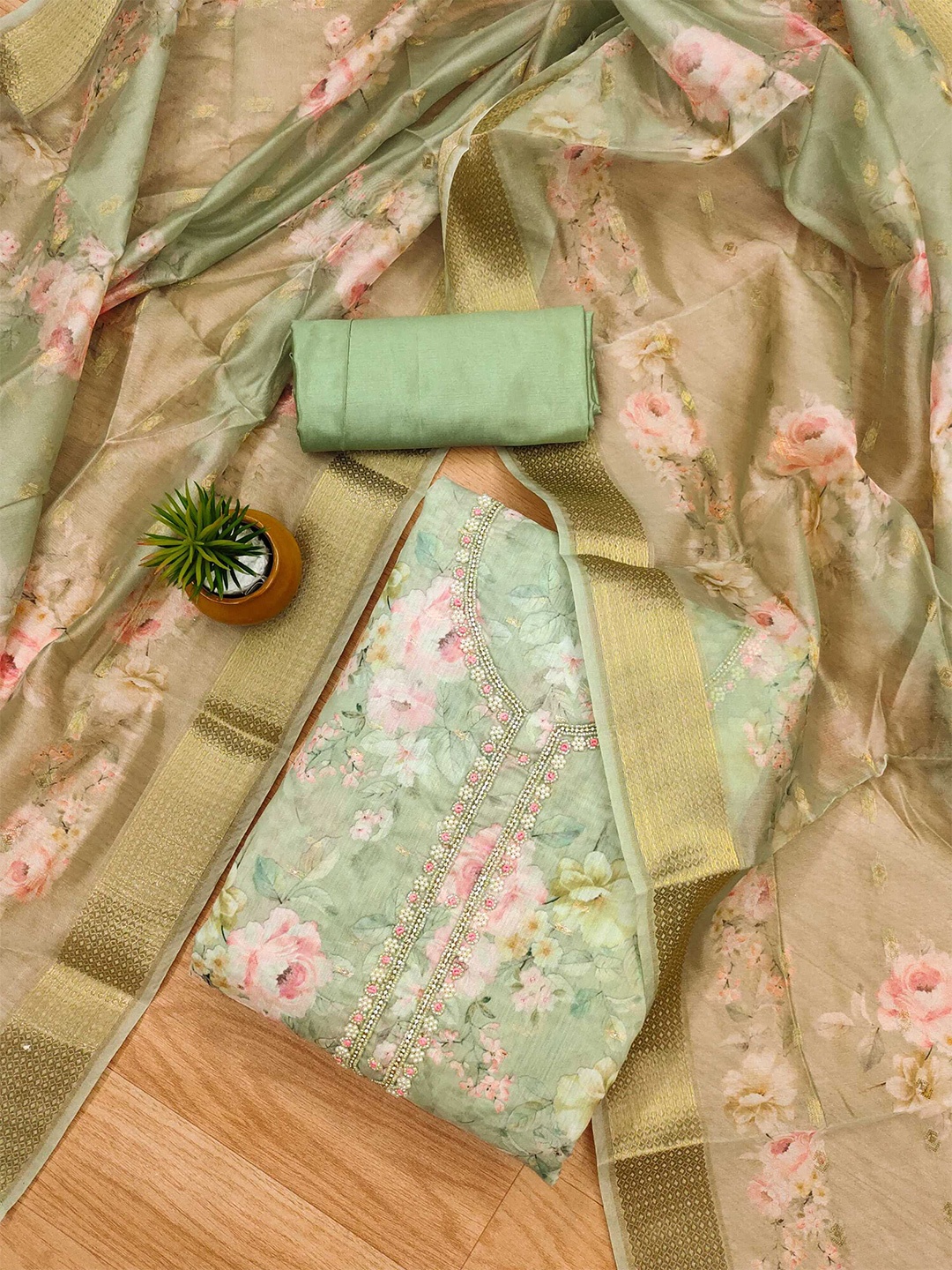 

KALINI Floral Printed Organza Unstitched Dress Material, Green