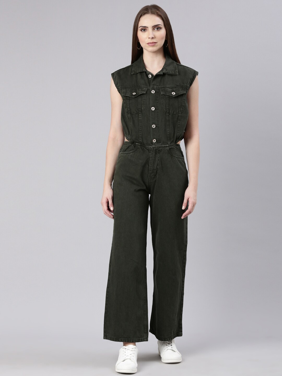 

SHOWOFF Shirt Collar Cotton Basic Jumpsuit, Olive