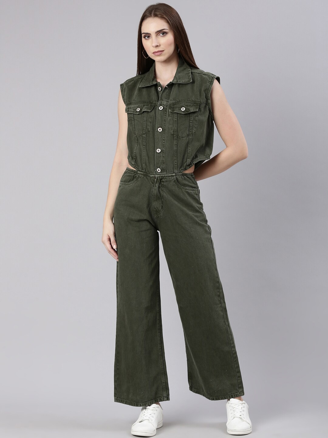 

SHOWOFF Shirt Collar Cotton Basic Jumpsuit, Olive
