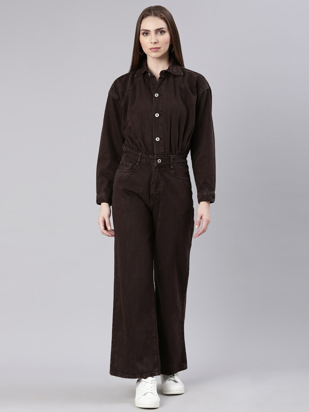 

SHOWOFF Shirt Collar Cotton Basic Jumpsuit, Coffee brown