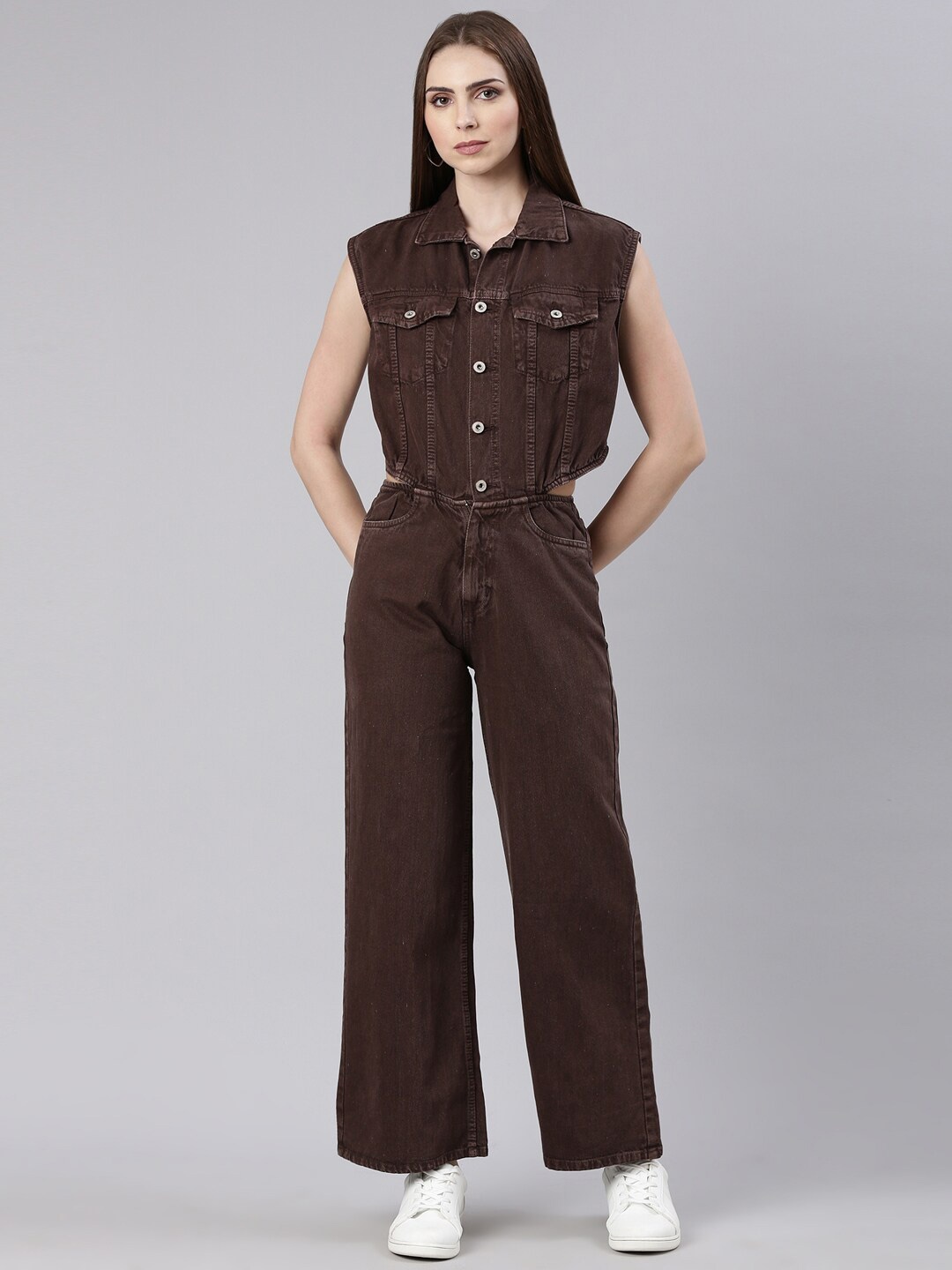 

SHOWOFF Shirt Collar Cotton Basic Jumpsuit, Coffee brown