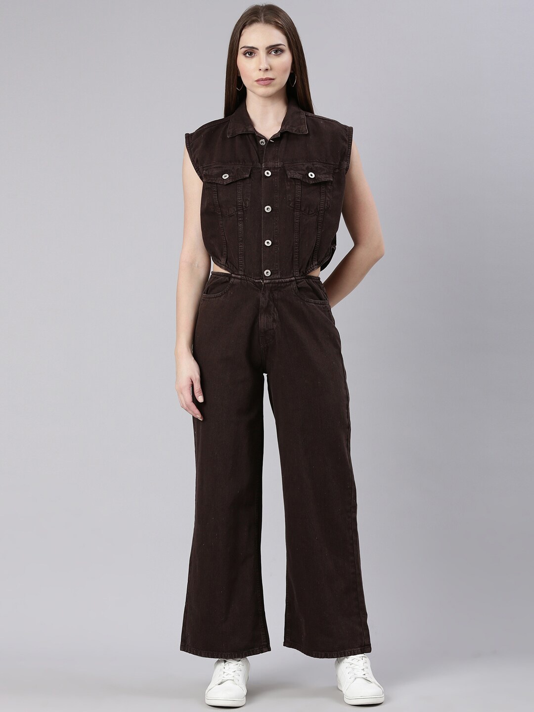 

SHOWOFF Shirt Collar Cotton Basic Jumpsuit, Coffee brown