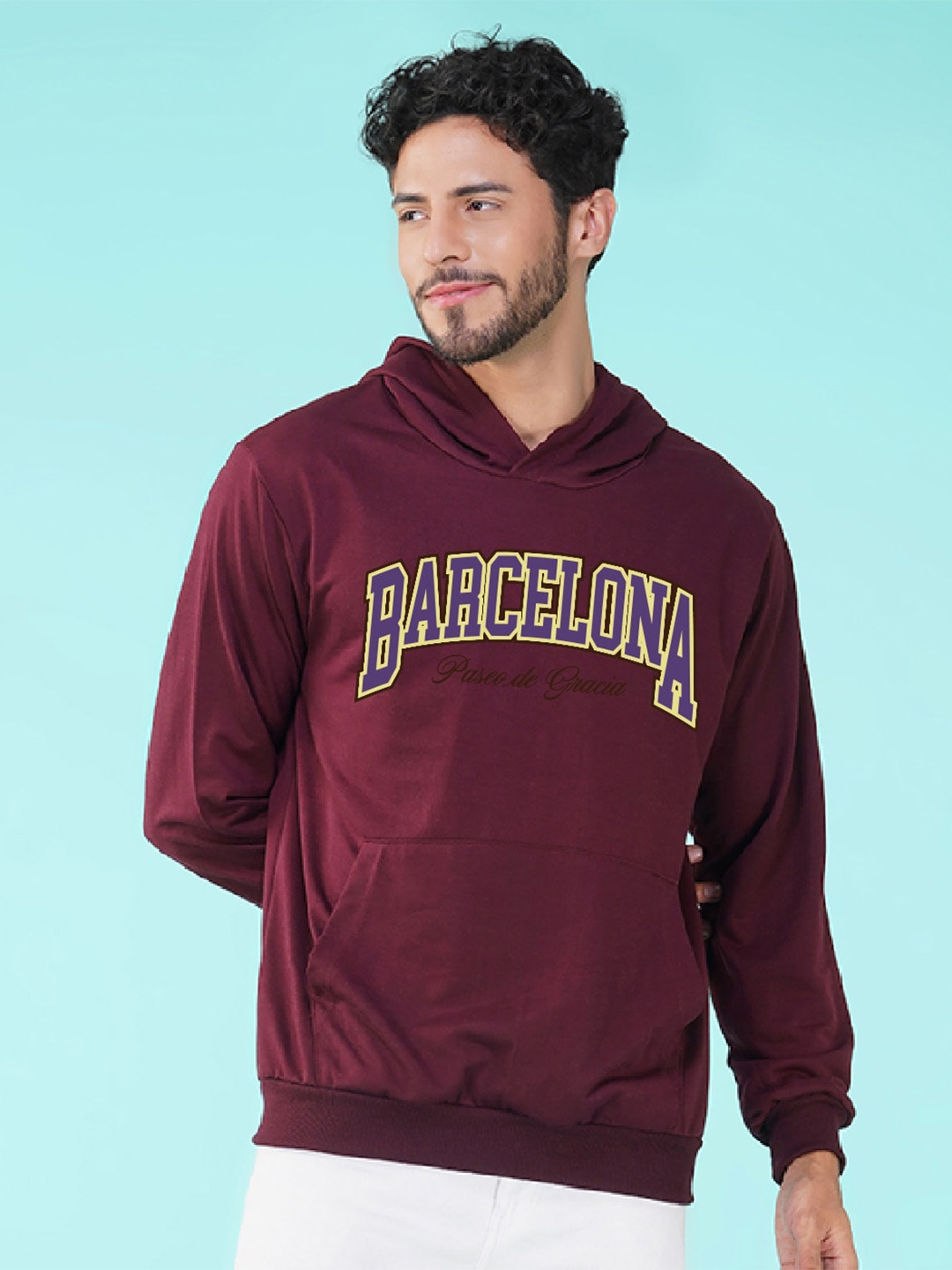 

NUSYL Barcelona Printed Hooded Fleece Pullover, Maroon