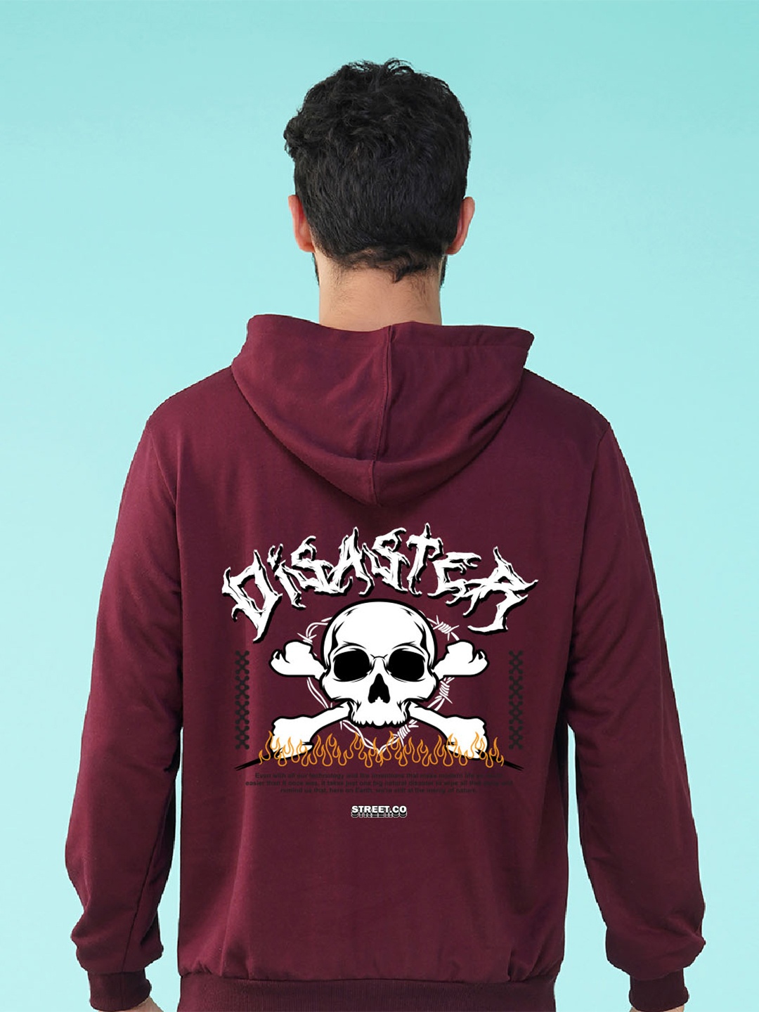 

NUSYL Disaster Skeleton Printed Hooded Fleece Pullover, Maroon