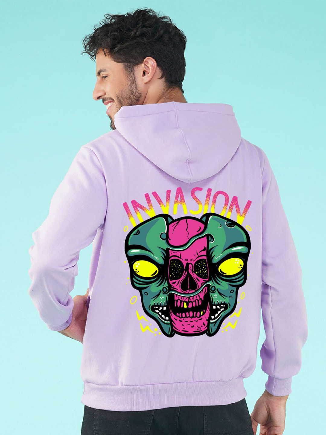 

NUSYL Alien Invasion Printed Hooded Fleece Pullover Sweatshirt, Purple