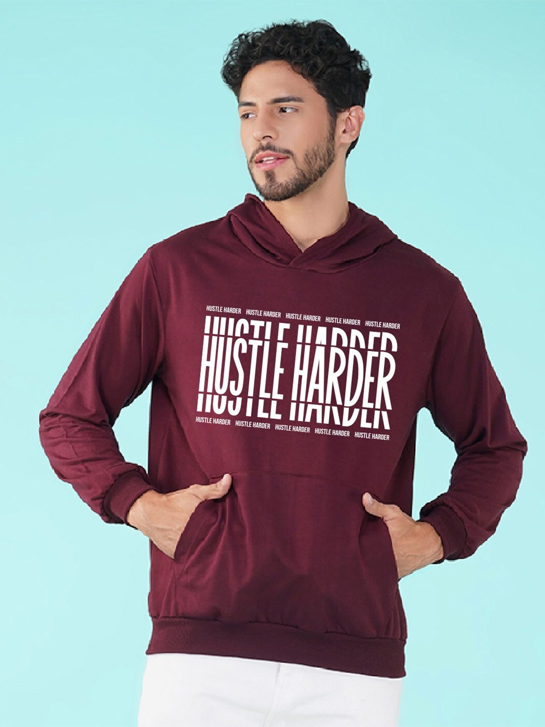 

NUSYL Typography Printed Hooded Pullover, Maroon