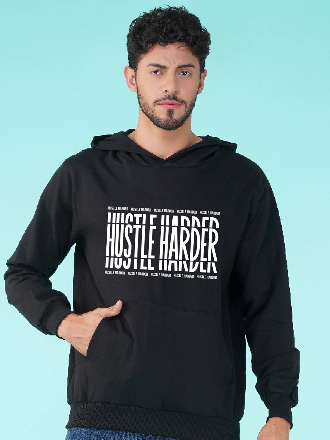 

NUSYL Typography Printed Hooded Pullover, Black