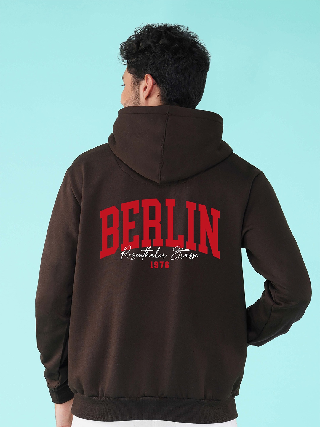 

NUSYL Typography Printed Hooded Fleece Pullover, Brown