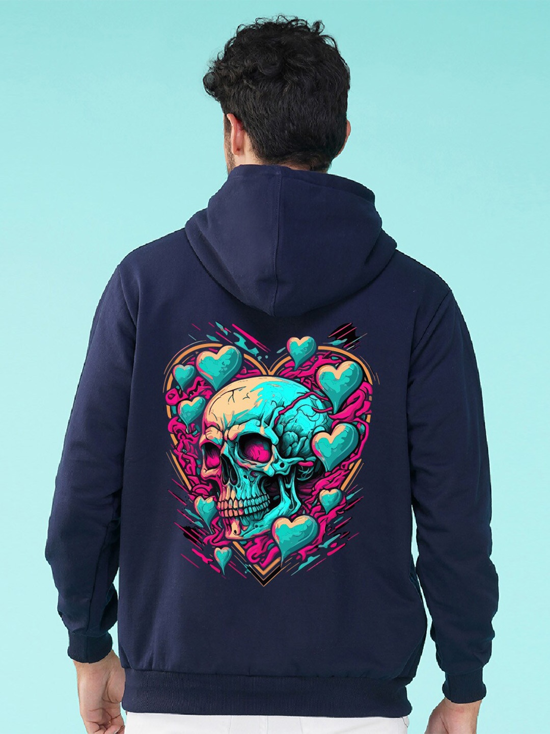 

NUSYL Skeleton & Hearts Graphic Printed Hooded Fleece Pullover, Navy blue