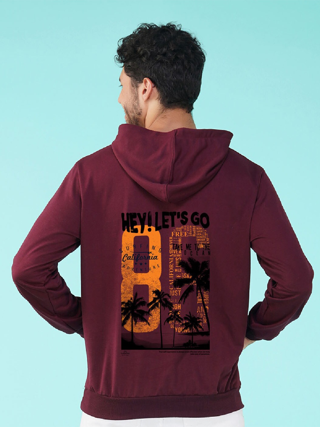 

NUSYL California Vibe Typography Printed Hooded Fleece Pullover, Maroon