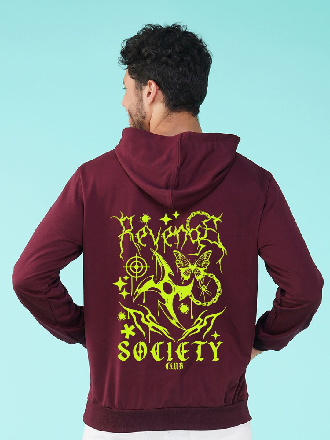 

NUSYL Typography Printed Hooded Fleece Pullover, Maroon