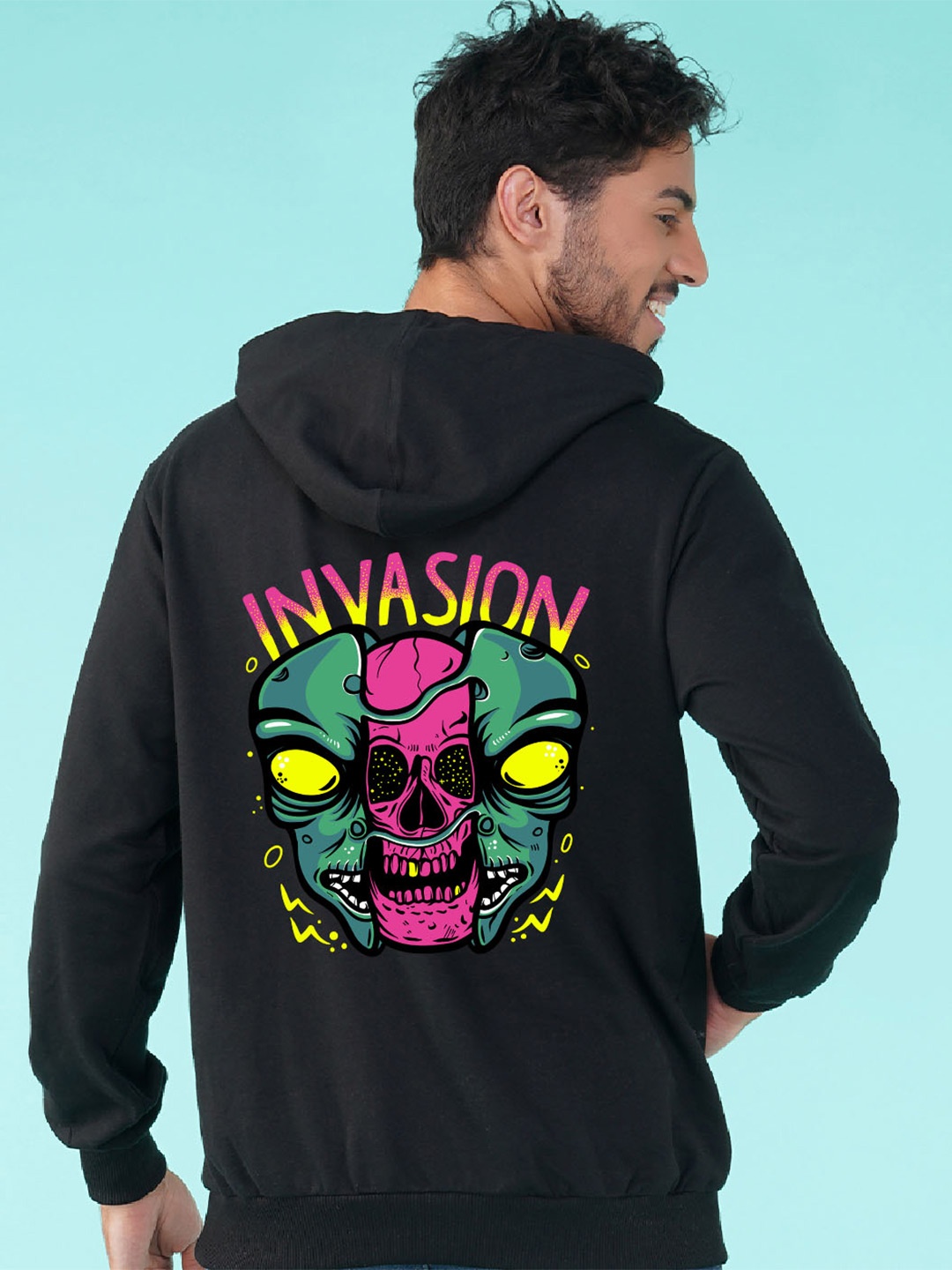 

NUSYL Alien Invasion Printed Hooded Fleece Pullover, Black