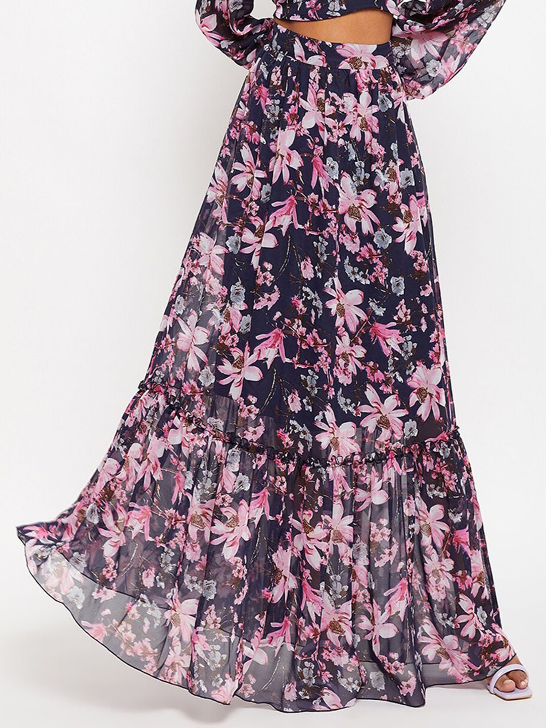 

Bitterlime Floral Printed Flared Maxi Skirt, Navy blue