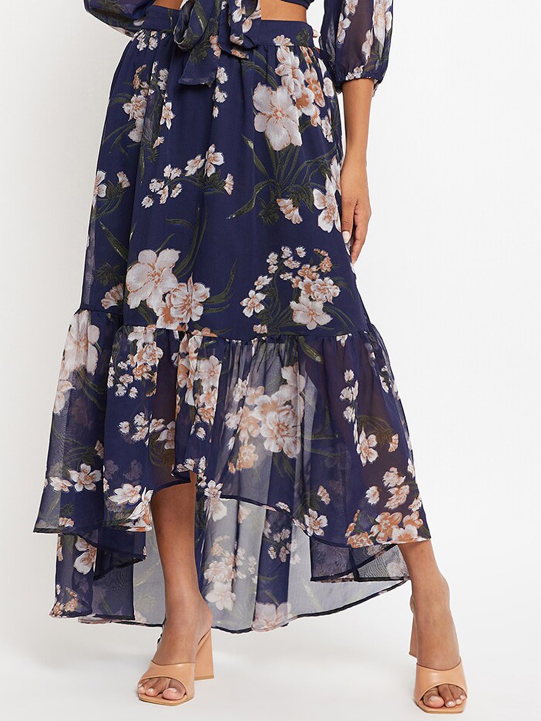 

Bitterlime Floral Printed Tie-Up Maxi Flared Skirt, Navy blue