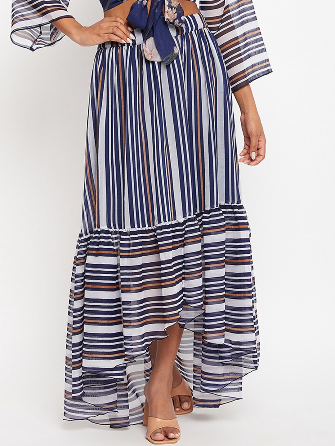 

Bitterlime Striped Flared Maxi Skirt, Navy blue