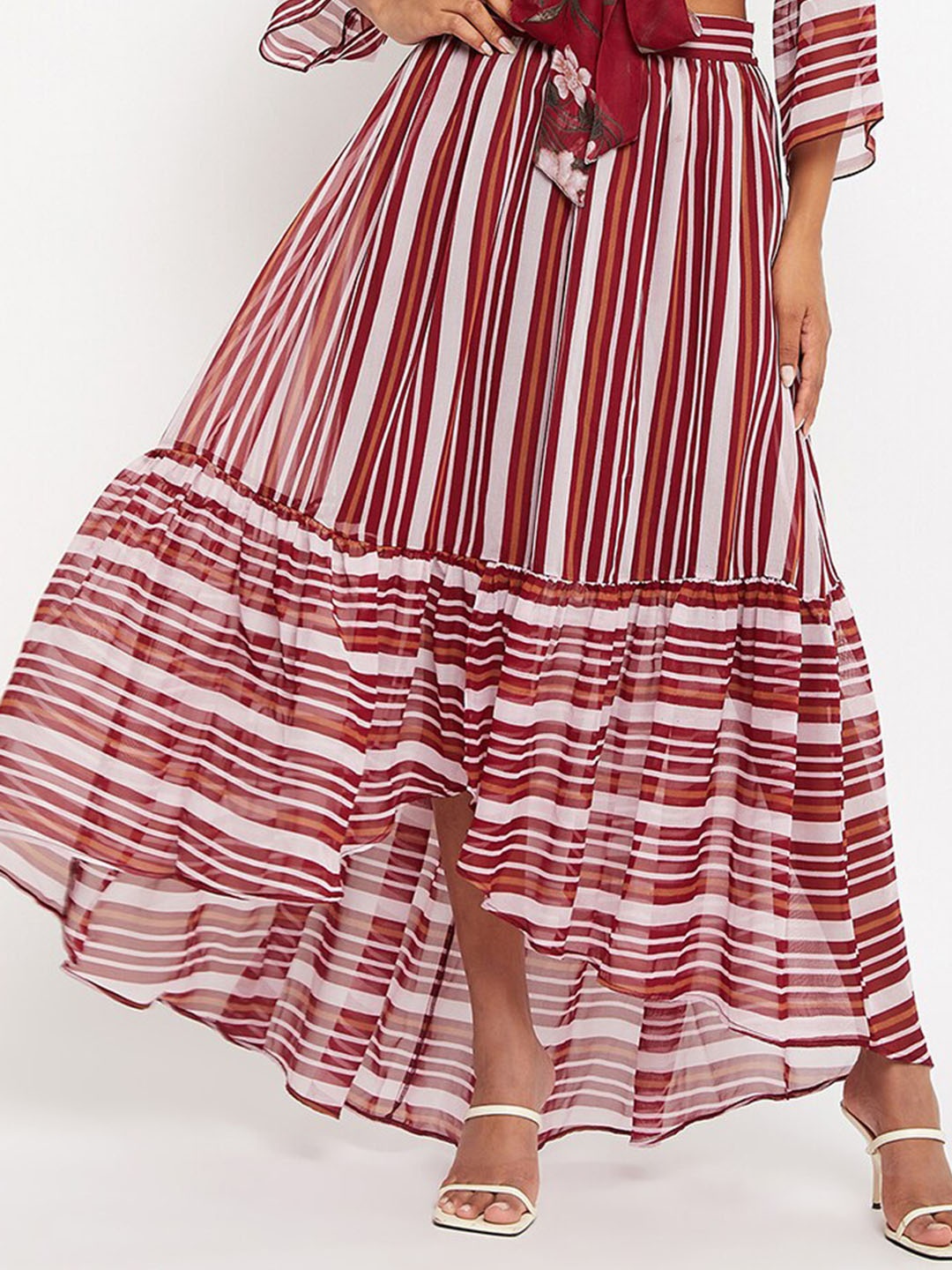 

Bitterlime Striped Flared Maxi Skirt, Maroon